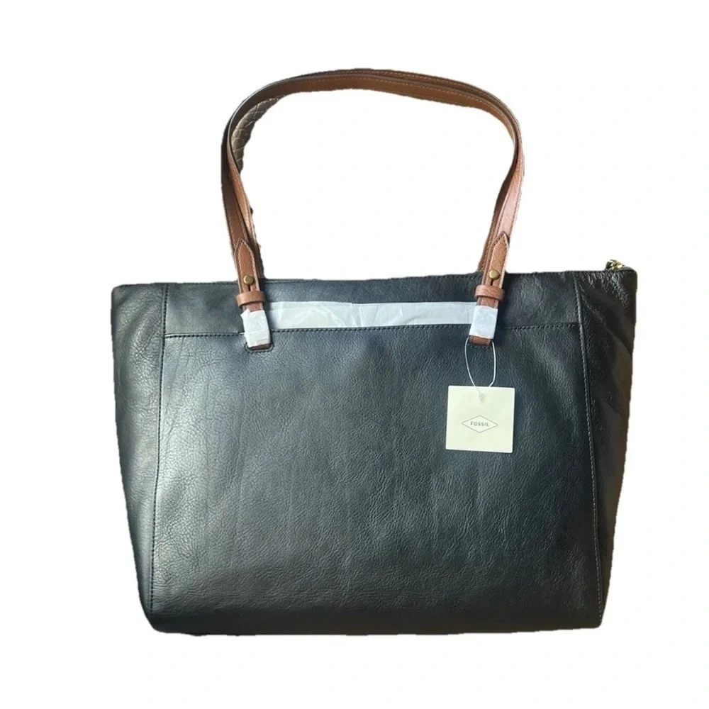 Fossil Women's Rachel Leather Tote Bag Purse Handbag Black/Brown Model ZB7507001 - Picture 2 of 3